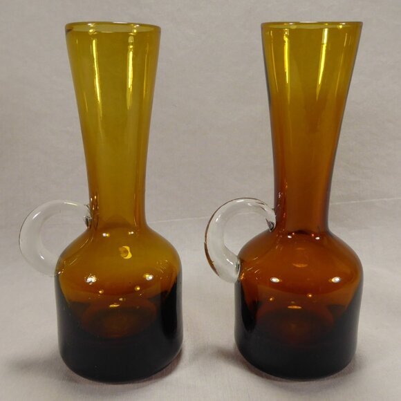 2 Vintage MCM Hand-Blown Amber Glass Miniature Pitchers Cruets Bud Vase Vases - Picture 3 of 8